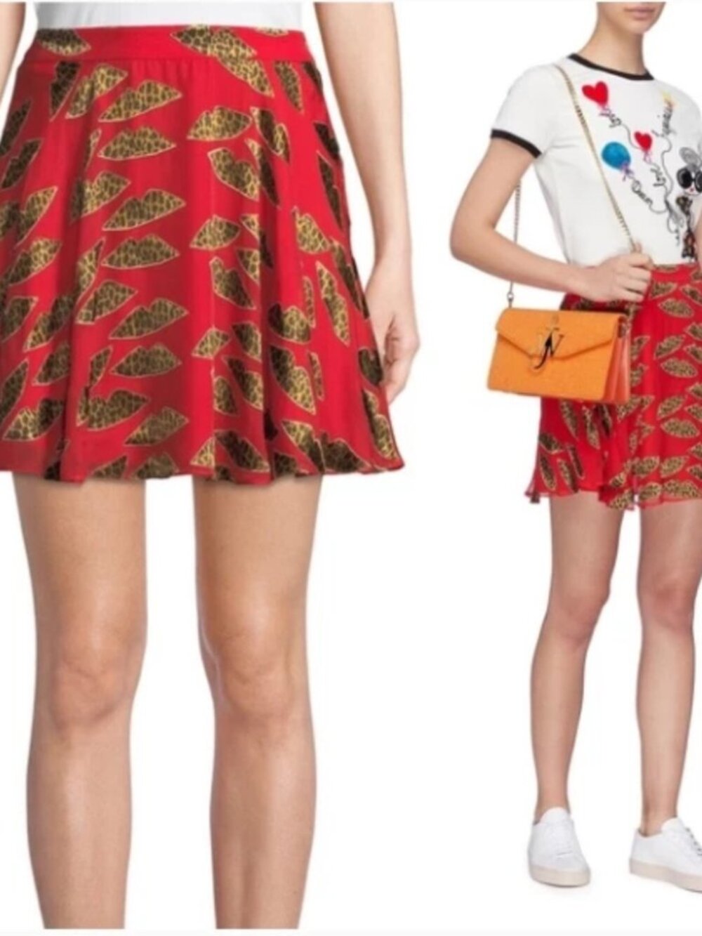 Alice+Olivia X Donald Leopard Lips Print Flare Skirt, Size 4